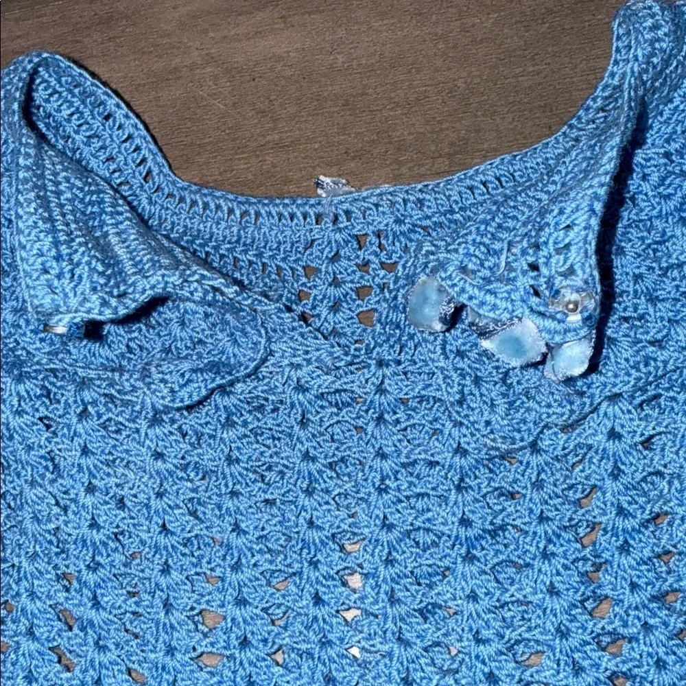 Vintage Hand Crocheted Baby Dress Blue Scalloped Hem Size 6-9M